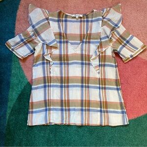 Madewell Plaid Top Shirt Cotton Ruffle XS Gauzy V Neck